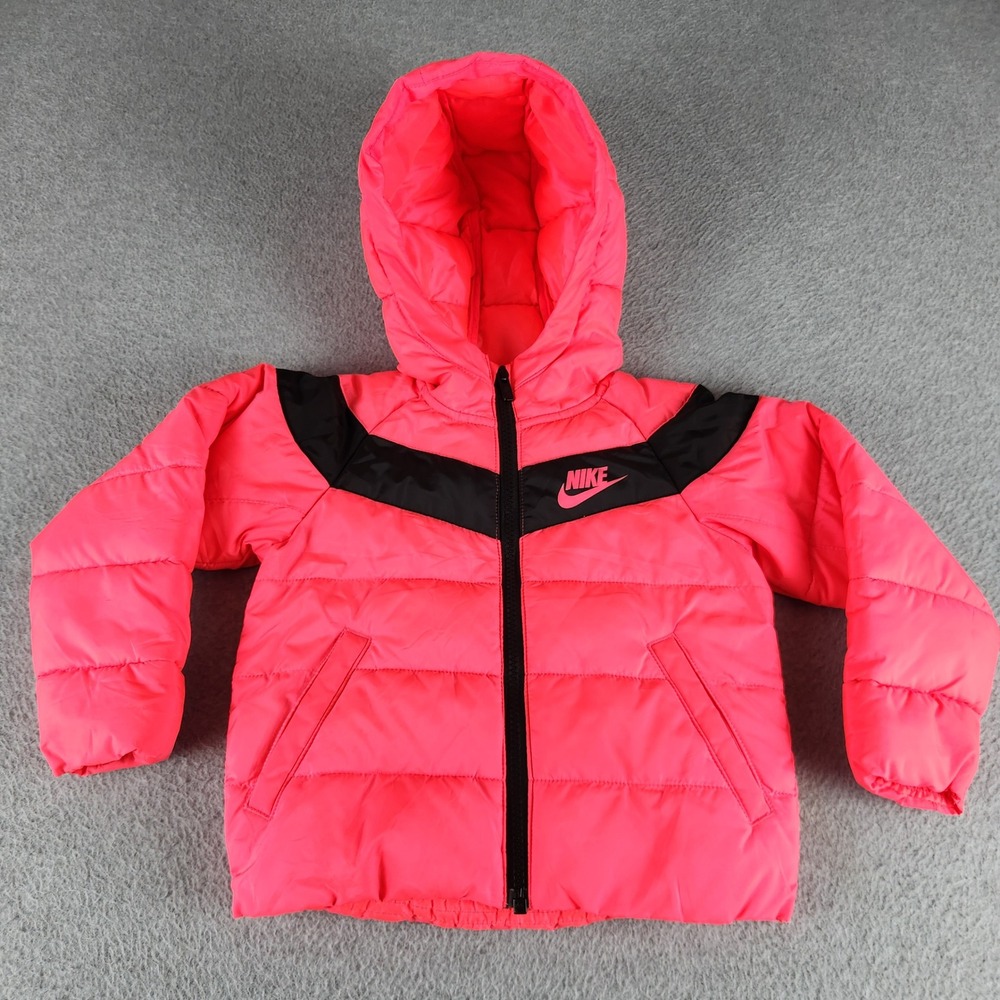 Nike Puffer Jacket Baby Toddler 2T Neon Pink Black Logo Winter Hooded Full Zip